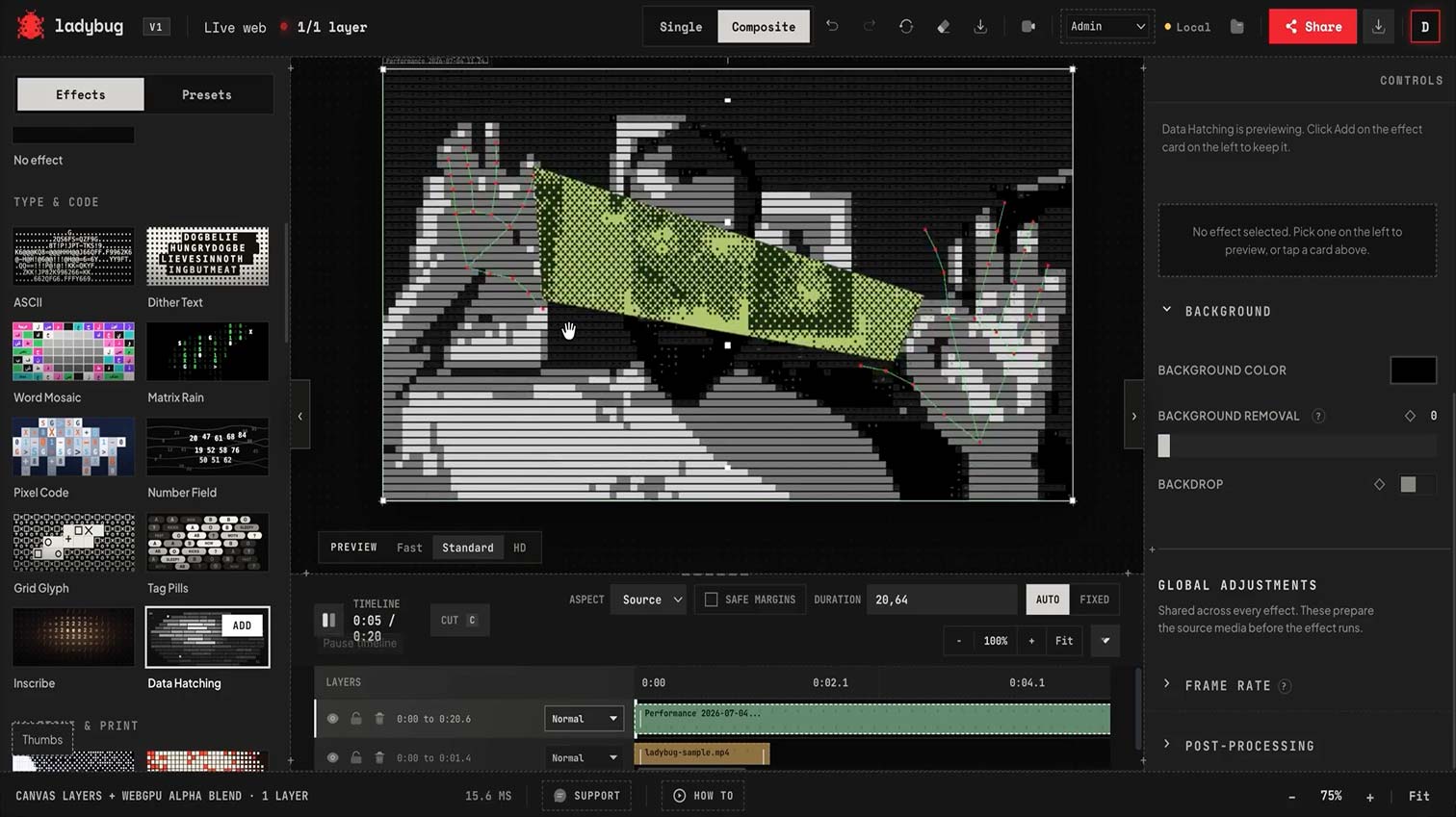 Tool image Ladybug effects studio in the browser layering glitch and halftone effects on footage